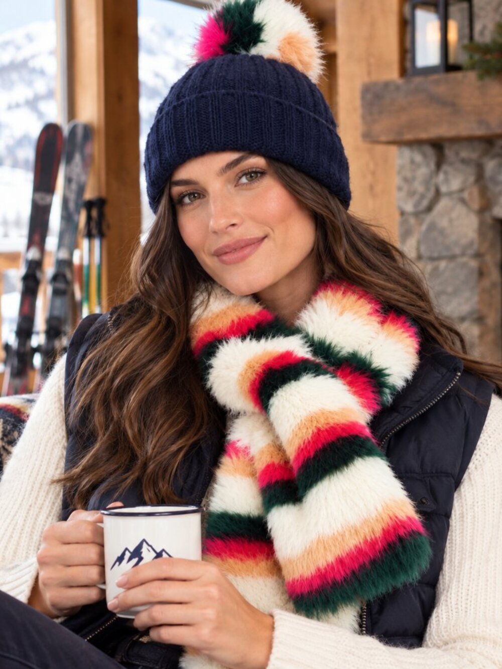 J Crew Faux Fur Stole Scarf w/ Rib-Knit Beanie w/ Multi-Colored Faux-Fur Pom-Pom